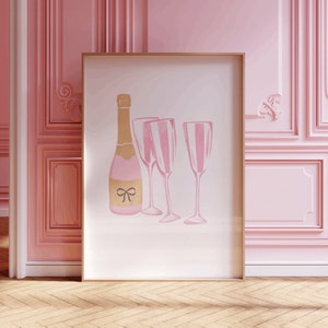 Rosa Coquette Champagner Schleife Druck, digitale Collage Drucke, Coquette ästhetische Raumdekoration, druckbare Collage Poster Band Champagner Wandkunst