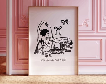 Black Coquette I'm Literally Just a Girl Ribbon Bow Digital Print Balletcore Aesthetic Dorm Room Decor Vintage Dollette Poster Wall Artwork