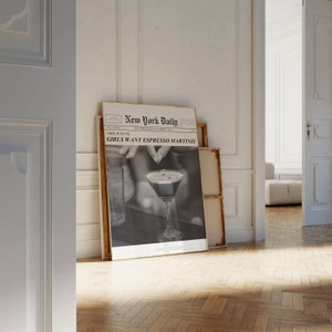 Impresión de espresso martini, decoración de dormitorio, arte de carrito de bar, impresiones de pared de moda, póster de cócteles, impresión digital de cócteles, impresión de periódico retro