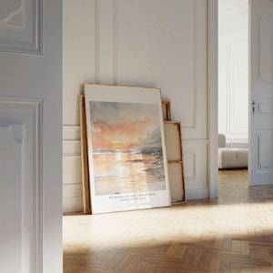 May include: A watercolor painting of a sunset over a body of water with the text "His mercies are new every morning" and "Lamentations 3:23" printed below the image.