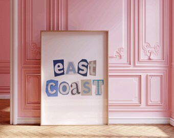 Oostkust blauw vintage beachy collage kunst kust slaapzaal decor kust cowgirl print kust kleindochter afdrukbare esthetische poster