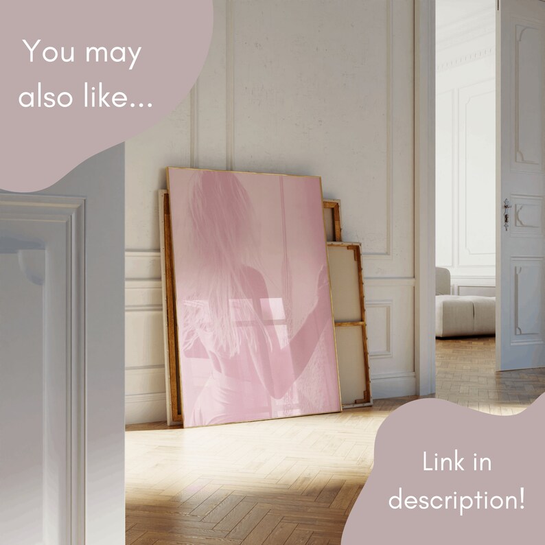 Puede incluir: Una obra de arte rosa que presenta la silueta de una persona con cabello largo, apoyada contra una pared. La obra de arte est&aacute; enmarcada en un marco dorado. La imagen tambi&eacute;n incluye el texto "You may also like..." y "Link in description!"