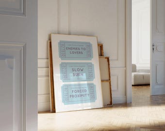 Plakat z motywami powieści o nadmorskim romansie, wrogowie do kochanków, wymuszona bliskość, powolny wydruk, wystrój pokoju w akademiku, estetyczna sztuka ścienna do druku