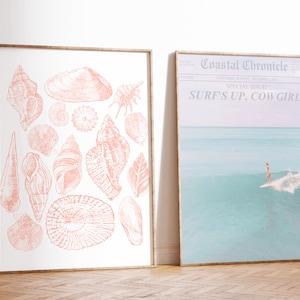 Set of 2 Vintage Seashell and Surf Art, Surfboard print, Dorm Room Decor, Coastal Cowgirl Print, Coastal granddaughter art, aesthetic poster