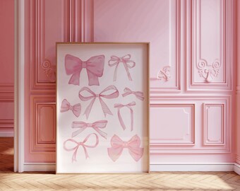 Pink Coquette Ribbon Bow Print, Digital Collage Prints, Balletcore Aesthetic Room Decor, Printable Dollette Poster Ribbons Bows Wall Artwork
