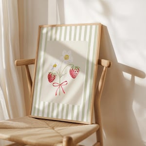 Erdbeere rot Schleife Vintage Druck grüne Streifen Aquarell Kunst italienische Küche Zimmer Dekor trendige Wand Retro Küche Plakat ästhetisches druckbares