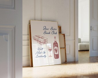 Plakat z motywem powieści romantycznej Slow Burn Book Club dla miłośników książek Wino i książki Sztuka ścienna dla miłośników książek Wystrój pokoju w akademiku Czerwone i niebieskie plakaty cyfrowe