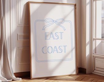 Oostkust blauwe strik vintage beachy lijntekeningen kust slaapzaal decor kust cowgirl print kust kleindochter afdrukbare esthetische poster