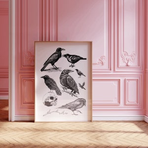 Black Goth Whimsigoth Crows Print, Digital Prints, Coquette goth Aesthetic Room Decor, Printable gothic Poster raven vintage Wall Artwork