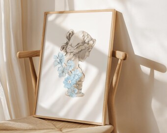 Chinoiserie Grandmillennial Blue Floral Flower Statue Bust Watercolor Dorm Room Decor Print Coastal Granddaughter Printable Aesthetic Poster