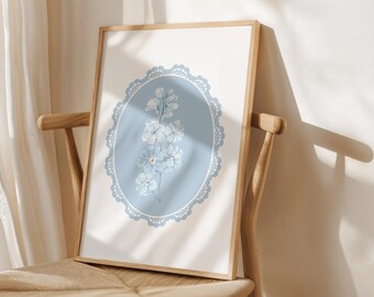 Chinoiserie Grandmillennial Blue Floral Flowers Minimalist Watercolor Dorm Room Decor Print Coastal Granddaughter Printable Aesthetic Poster