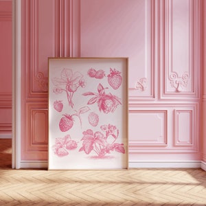 Vintage Coquette Strawberry Print Digital Line Art Print Balletcore Aesthetic Room Decor Printable Dollette Poster Strawberries Wall Artwork