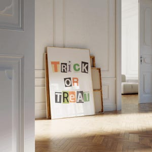 Impresión de collage de letras de revista de Halloween con truco o trato, póster digital estético imprimible de arte de pared de temporada espeluznante de víspera de Todos los Santos preppy