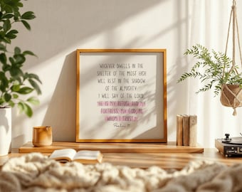 Arte de pared con versículo bíblico imprimible del Salmo 91, decoración de guardería con fe cristiana rosa, Él es mi refugio, cita bíblica, descarga de impresión digital instantánea