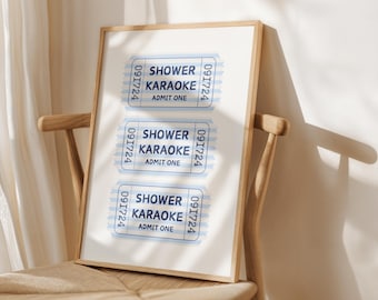 Shower Karaoke Print Retro Ticket Blue Stripe Dorm Room Decor Coastal Granddaughter Grandma Cowgirl Wall Art Printable Aesthetic Poster