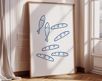 Jesús alimenta a los 5000: dos peces y cinco panes. Garabato para decoración de dormitorio, impresión cristiana, arte de pared religioso católico, póster estético imprimible.