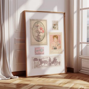 Vintage Rosa Coquette Stempel Bogen Druck, Digitale Briefmarken Drucke, Balletcore ästhetik Wohnheim Dekor, druckbare Dollette Poster Wand Kunstwerk