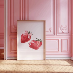 Coquette Strawberry Print, Digital Spring Prints, Balletcore Aesthetic Room Decor, Printable Dollette Poster Strawberries Wall Artwork