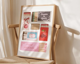 Póster de tropos de novela romántica con caja de cerillas de cerezas vintage, de enemigos a amantes, de proximidad forzada, de una cama, impresión de arte de pared literario imprimible