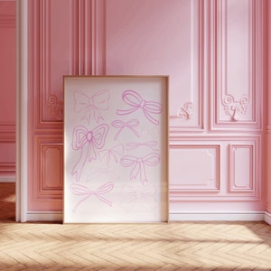 Pink Coquette Line Art Ribbon Bow Print, Digital Print, Balletcore Aesthetic Room Decor, Printable Dollette Poster Ribbons Bows Wall Artwork