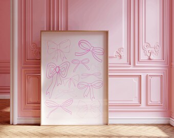 Pink Coquette Line Art Ribbon Bow Print, Digital Print, Balletcore Aesthetic Room Decor, Printable Dollette Poster Ribbons Bows Wall Artwork