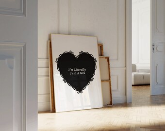 Black Coquette I'm Literally Just a Girl Heart Bow Digital Print Balletcore Aesthetic Dorm Room Decor Vintage Dollette Poster Wall Artwork