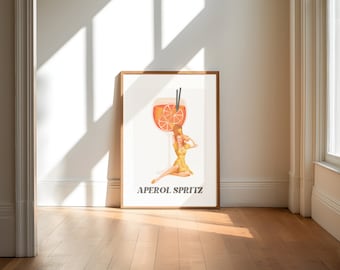アペロール・スプリッツ・プリント、寮の部屋の装飾、バーカートアート、トレンディな壁掛けプリント、カクテルポスター、カクテルデジタルプリント、レトロなアルコールアート、png