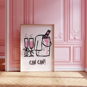 ピンク ブラック Cin Cin コケット シャンパン リボン プリント、デジタル プリント、コケット 美的部屋装飾、印刷可能なポスター リボン シャンパン ウォール アート