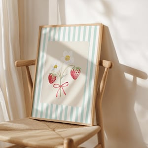 Erdbeere rot Schleife Vintage Druck Aqua Streifen Aquarell Kunst Kinderzimmer Baby Zimmer Dekor Trendige Wand Retro Küche Plakat Ästhetik