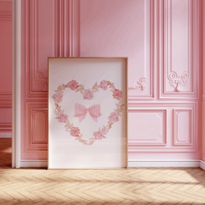 Coquette Pink Gingham Floral Bow Print, Digital Prints, Balletcore Aesthetic Room Decor, Printable Dollette Poster gingham Wall Artwork