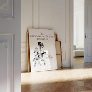 Puede incluir: Un póster blanco con texto negro y una ilustración en blanco y negro de una mujer leyendo un libro. El texto dice "The Unsociable and Taciturn Book Club Meets Fortnightly."