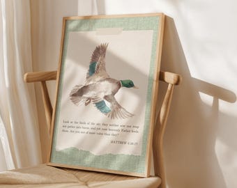 Pato real Mateo 6:26 Impresión en acuarela Cottagecore Decoración infantil Impresión cristiana Arte mural religioso católico Póster estético imprimible