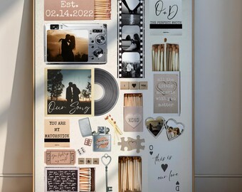 Plantilla de póster de caja de cerillas editable, regalo de aniversario para parejas, plantilla de caja de cerillas, collage de fotos de caja de cerillas con estética marrón neutro, arte imprimible