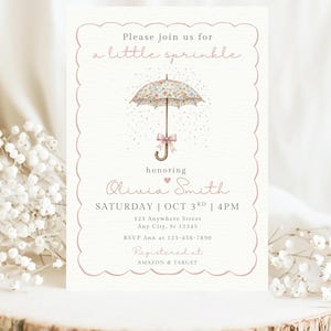 Plantilla de invitación para baby shower de niña, invitación floral con paraguas, invitación para baby shower de niña, invitación editable en Canva, invitación rosa para baby shower.