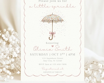 Plantilla de invitación para baby shower de niña, invitación floral con paraguas, invitación para baby shower de niña, invitación editable en Canva, invitación rosa para baby shower.