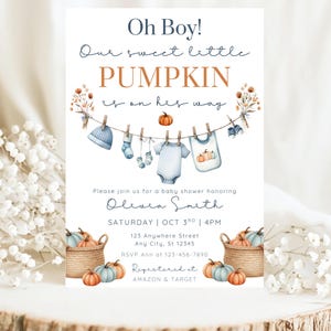 Plantilla de invitación para baby shower de Oh Boy Little Pumpkin Invitación para baby shower de otoño Bebé azul otoñal Nuestra dulce calabacita está en camino