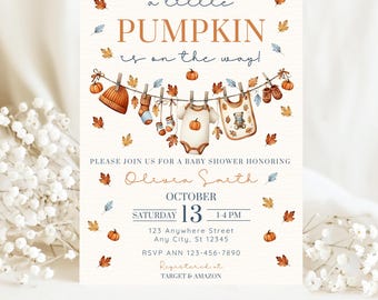 Blue Little Pumpkin Baby Shower Invitation Template Autumn Baby Shower Invite Fall Baby Gender Neutral A Little Pumpkin is on the Way Invite