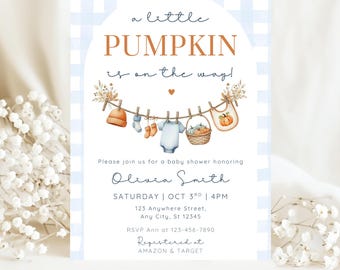 Blue Little Pumpkin Baby Shower Invitation Template Autumn Baby Shower Invite Fall Baby Gender Neutral A Little Pumpkin is on the Way Invite