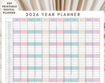 2026 Year Planner Printable Year at a Glance Calendar Minimalist Annual Planner PDF Calendar Template Instant Digital Download Wall Planner