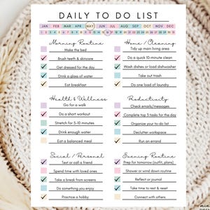 May include: A daily to-do list planner page with a calendar header showing months and dates. The layout includes sections for morning routine, home cleaning, health, wellness, productivity, social, personal, and evening routine with checkboxes.