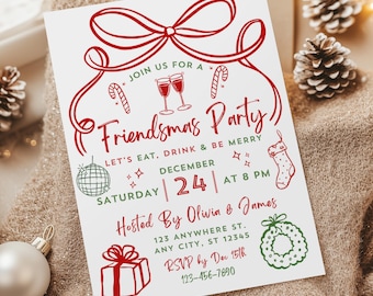 May include: A white Friendsmas Party invitation with red and green festive graphics. The invitation includes text such as "Join us for a Friendsmas Party" and details for the event on December 24th at 8 PM.