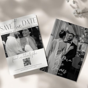 Peut inclure: Deux cartons d'annonce de mariage en noir et blanc. L'un dit "Save the Date" avec la date et le lieu. L'autre porte les noms "Olivia + James" et la date. Les deux cartes comportent des photos.