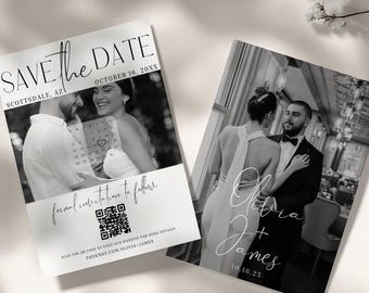 Photo Save the Date Template Simple Photo Invite Minimalist Modern Wedding Announcement Editable Invitation Canva Template QR Code Calendar