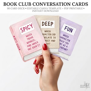 Könnte beinhalten: Drei Gesprächskarten in Form von Aquarellbüchern mit den Titeln "Spicy", "Deep" und "Fun". Die "Spicy"-Karte fragt: "Welcher Tropus hat funktioniert... und welcher nicht?" Die "Deep"-Karte fragt: "Welcher Charakter bezog sich am meisten auf dich und warum?" Die "Fun"-Karte fragt: "Welchen Charakter möchtest du als Freund?"