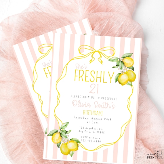 Freshly 21 Birthday Invitation Template Lemon 21st Birthday Invite Editable Canva Invitation Citrus Birthday Party Invite Pink Stripe Invite