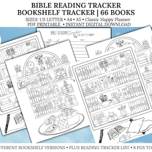 Rastreador de lectura de la Biblia Estante para colorear Rastreador de lectura Imprimible 66 libros de la Biblia Registro de lectura Libros leídos, PDF Carta/A4/A5/HP Clásico