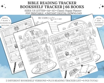 Rastreador de lectura de la Biblia Estante para colorear Rastreador de lectura Imprimible 66 libros de la Biblia Registro de lectura Libros leídos, PDF Carta/A4/A5/HP Clásico