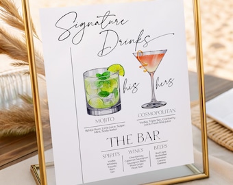 May include: A framed sign with a gold border displays a "Signature Drinks" menu. The menu features illustrations of a Mojito and a Cosmopolitan cocktail, with ingredients listed below. The bottom section lists spirits, wines, and beers.