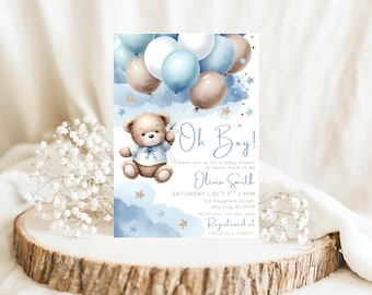 Oh Boy Baby Shower Invitation Editable Baby Shower Template Boy Blue Teddy Bear Invite Blue Bear Baby Shower Invitation Can Bearly Wait