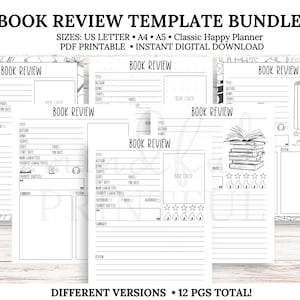 Plantilla de reseña de libro, diario de lectura digital imprimible, paquete de registro de lectura de libros, registro de lectura en formato PDF, carta/A4/A5/HP Classic